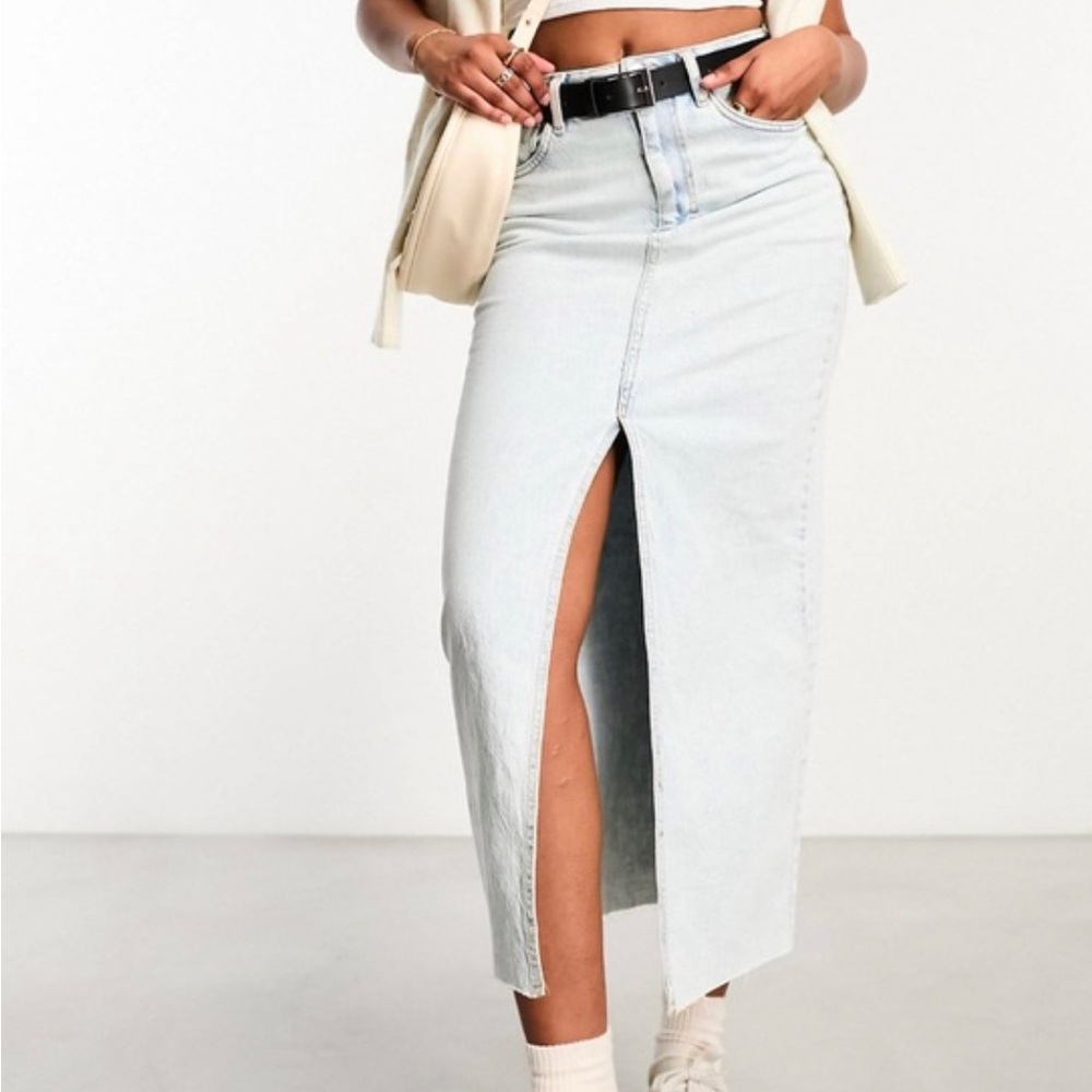 Stradivarius denim midi skirt with front split in light blue wash